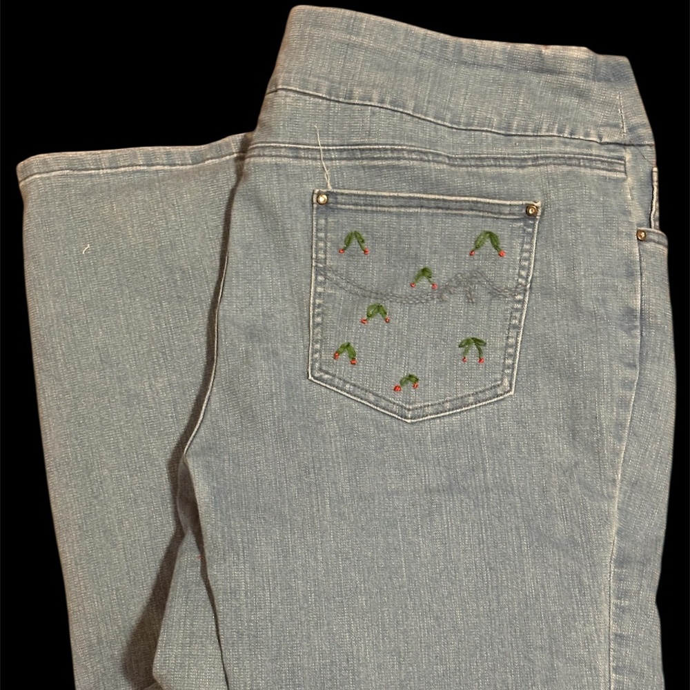 Christmas Mistletoe Embroidery Jeans Size 16 Comfort Waistband